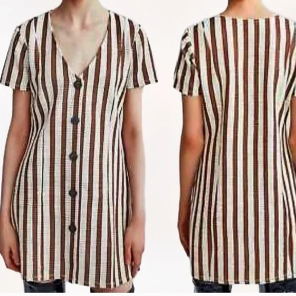 Zara Trafaluc Rustic Buttoned Tan and Brown Striped Mini Dress - Picture 2 of 5